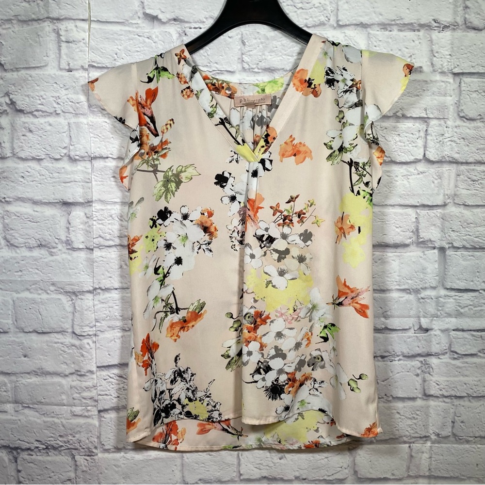 Philosophy Light Pink/Peach Floral Flutter Sleeveless Blouse Size Medium